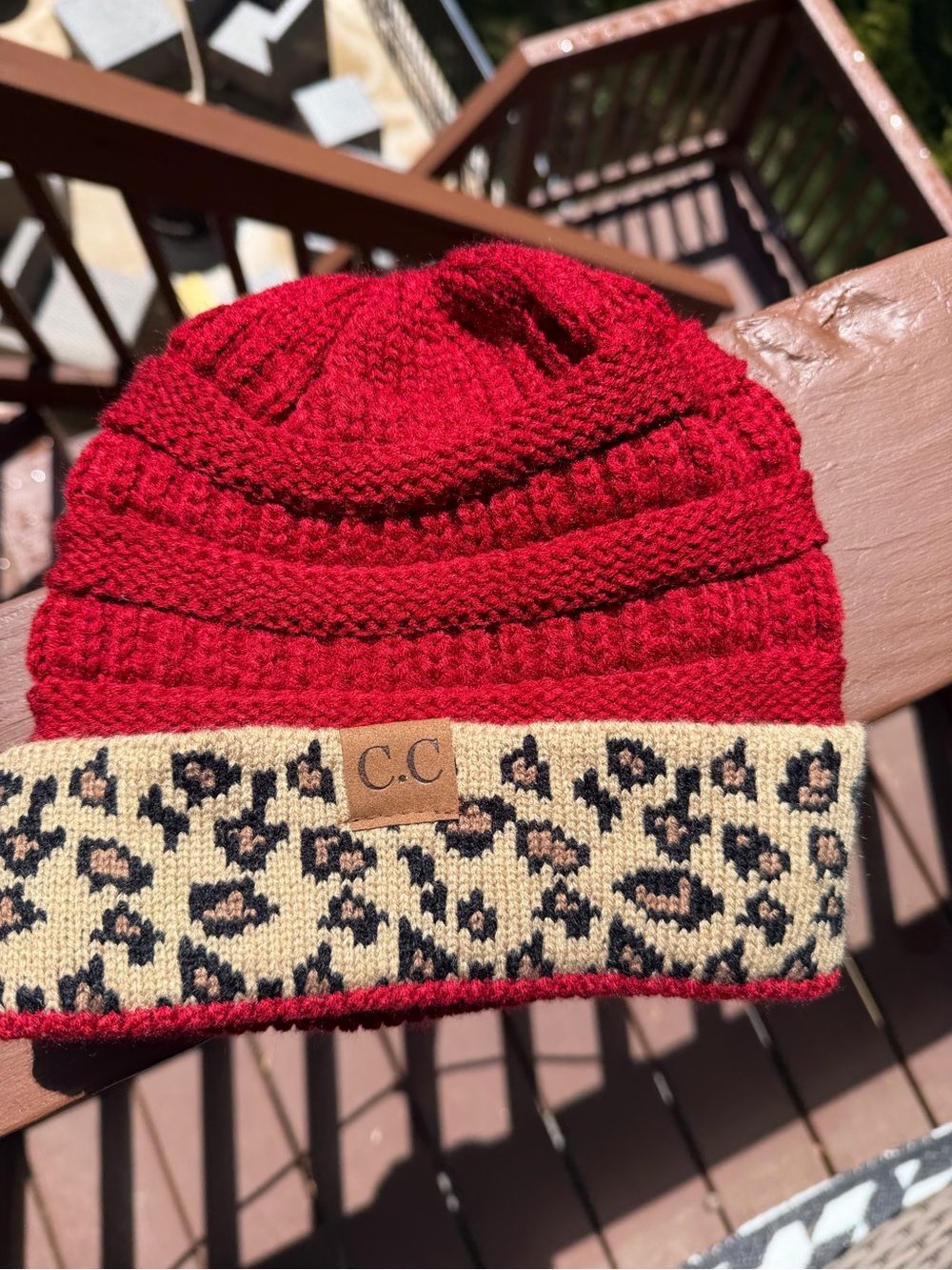 C.C Red Knit Beanie with Leopard Cuff